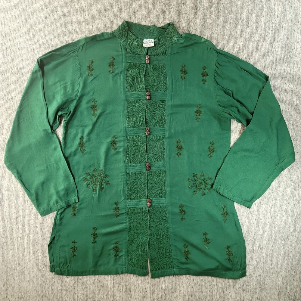 Vintage 90s Geeta Womens One Size Green Rayon Embroidered Boho Tunic Blouse M L